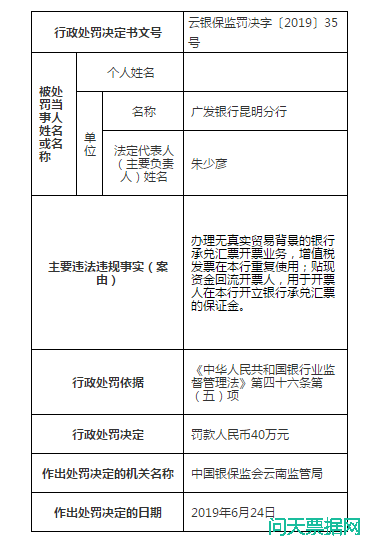 票据业务违规 广发银行昆明分行领罚40万