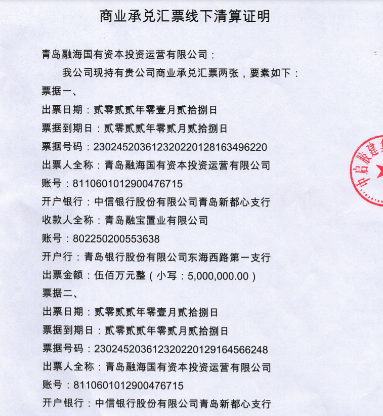 关于青岛融海国有资本投资运营有限公司商业承兑汇票不存在商业信用风险公告