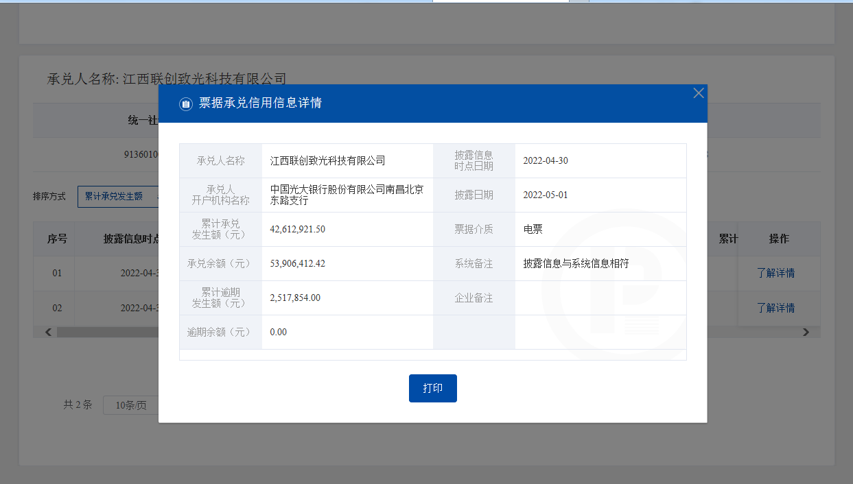 江西联创致光科技商票逾期说明