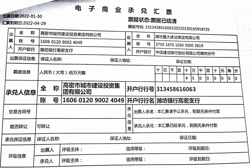 高密市城市建设投资商业承兑汇票逾期情况公告