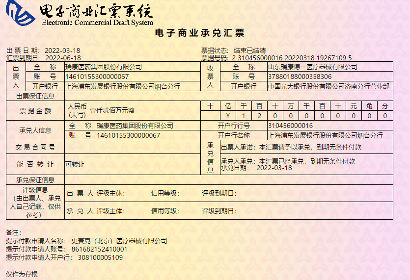 瑞康医药集团公司电子商业承兑汇票不存在信用风险的公告